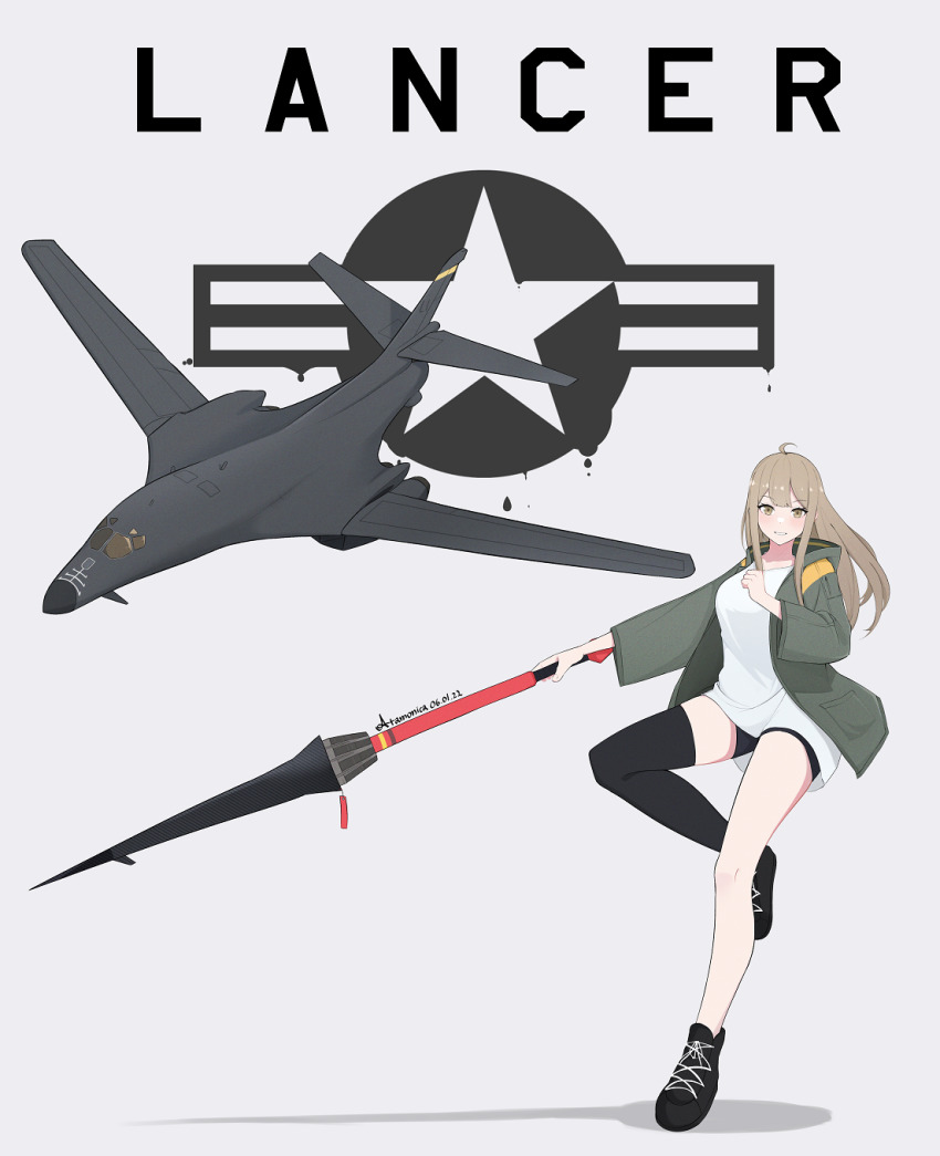 1girl ahoge aircraft airplane artist_name asymmetrical_legwear atamonica b-1_lancer blush brown_hair commentary english_commentary grin heavy_bomber highres hood hoodie lance long_hair looking_at_viewer military north_american_rockwell original oversized_clothes oversized_shirt penetrator_(aircraft) personification polearm rockwell_international shirt shoes shorts single_thighhigh smile sneakers strategic_bomber supersonic_aircraft thighhighs united_states_air_force vehicle_and_personification vehicle_focus weapon
