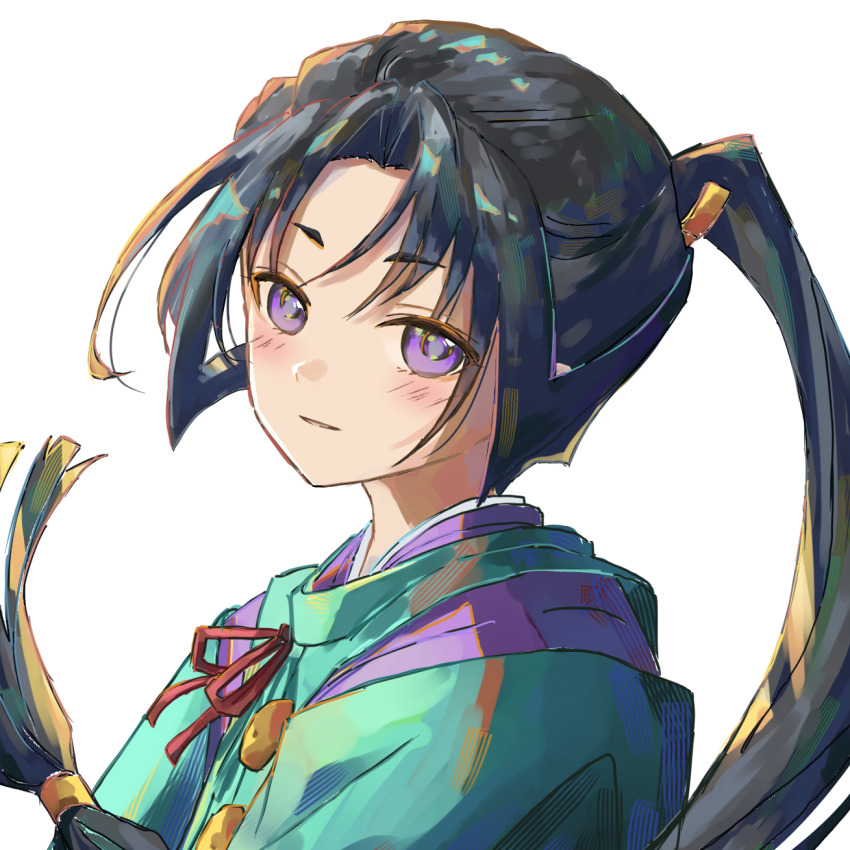 1boy androgynous black_hair commentary_request high_ponytail highres houjou_tokiyuki_(nige_jouzu_no_wakagimi) long_hair low-tied_long_hair male_focus nige_jouzu_no_wakagimi nyaaamiii1182 ponytail purple_eyes purple_pupils sidelocks_tied_back simple_background smile solo upper_body white_background