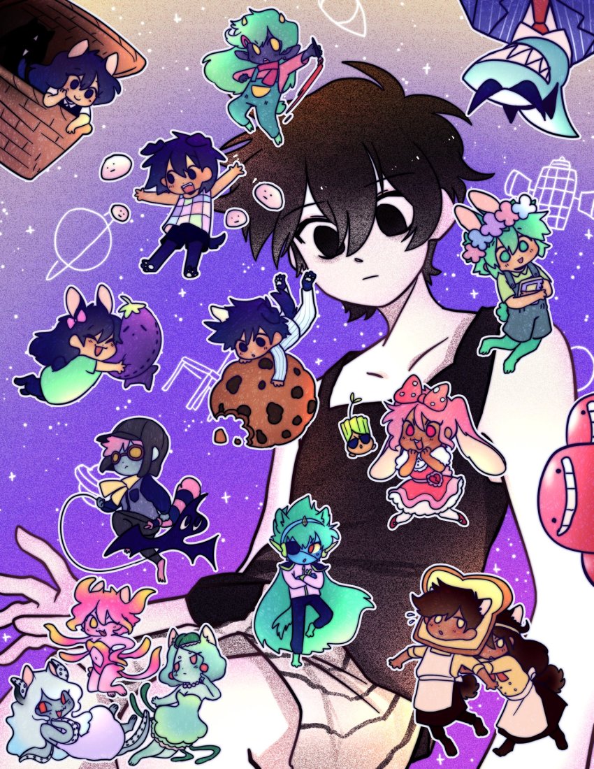 1other 6+boys 6+girls animal_ears apron aubrey_(headspace)_(omori) aubrey_(omori) basil_(headspace)_(omori) basil_(omori) black_eyes black_hair black_shirt black_skirt blue_overalls blue_skin bow bowen_(omori) bread breasts captain_spaceboy cat_ears cat_tail chibi colored_sclera colored_skin commentary cookie daphne_(omori) dark_skin dress earrings empty_eyes english_commentary eyepatch food glasses green_dress green_eyes green_hair green_skin hair_bow hairband head_wreath hero_(headspace)_(omori) hero_(omori) highres holding holding_paintbrush horns humphrey_(omori) jellyfish_girl jewelry kel_(headspace)_(omori) kel_(omori) kemonomimi_mode kite kite_kid_(omori) leotard long_hair mari_(headspace)_(omori) mari_(omori) marina_(omori) medusa_(omori) molly_(omori) monster_girl mr._jawsum mr._plantegg multiple_boys multiple_girls navel omori omori_(omori) overalls paintbrush pink_bow pink_dress pink_hair pink_leotard pink_skin polka_dot polka_dot_bow ppomella purple_skin rabbit_ears rabbit_tail red_eyes rococo_(omori) shirt skirt sleeveless sleeveless_shirt slime_girls_(omori) sprout_mole_(omori) stuffed_eggplant tail tentacles very_long_hair white_apron white_dress white_skin yellow_eyes yellow_sclera yellow_shirt