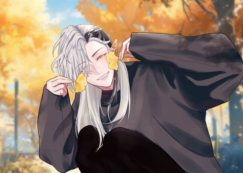 1boy adlf66 autumn autumn_leaves black_pants black_sweater braid cassian_floros first_stage_production holding holding_leaf leaf long_hair looking_at_viewer multicolored_hair oversized_clothes oversized_shirt pants pointy_ears shirt smile sweater teeth tree yellow_eyes