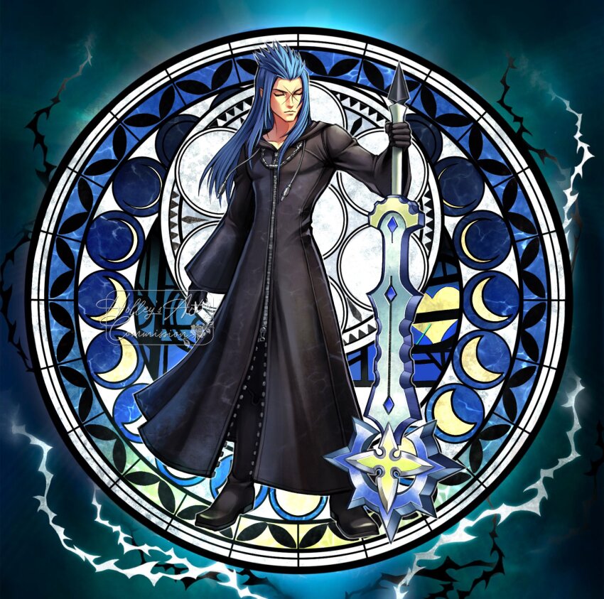 1boy black_boots black_gloves black_robe blue_hair boots closed_eyes closed_mouth cross_scar full_body gloves hair_slicked_back highres holding holding_weapon hollypolllyy hood hood_down hooded_robe keyblade kingdom_hearts kingdom_hearts_ii lightning long_hair male_focus robe saix scar scar_on_face scar_on_forehead sidelocks signature solo stained_glass weapon