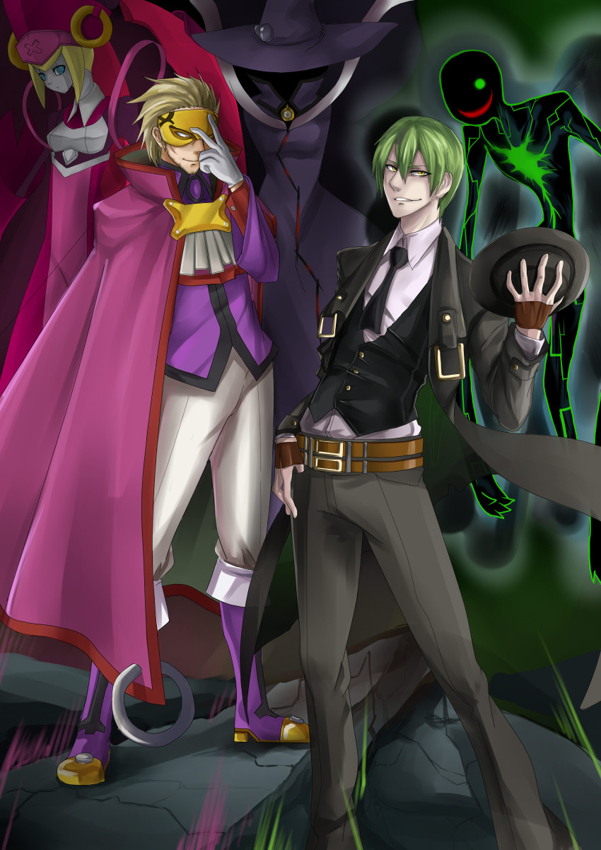 2boys absurdres android arc_system_works bad_id bad_pixiv_id blazblue blonde_hair blue_eyes boots cape evil_smile formal_clothes full_body green_hair hat hazama highres ignis_(blazblue) knee_boots luse_maonang male_focus mask multiple_boys necktie pants phantom_(blazblue) pink_hat purple_footwear relius_clover shoes smile suit unworn_hat unworn_headwear