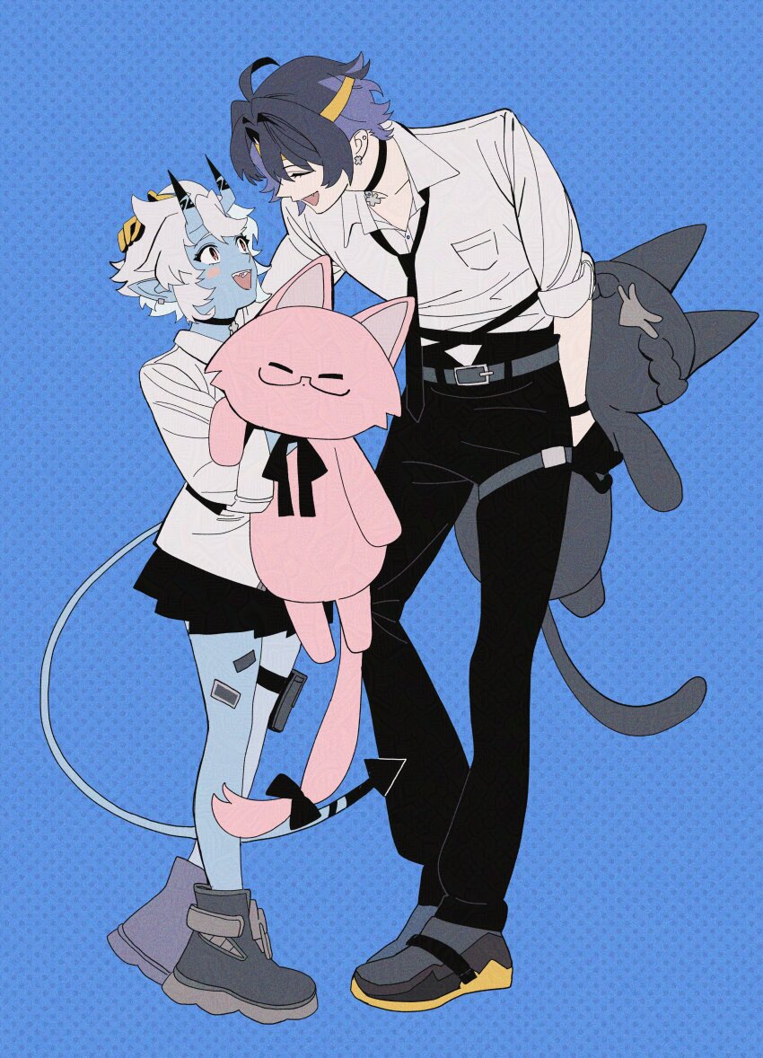 1boy 1girl absurdres asaba_harumasa asymmetrical_gloves bandaid bandaid_on_leg belt black_gloves black_hair black_necktie black_pants black_ribbon black_shoes black_skirt blue_background blue_horns blue_oni blue_skin blue_tail bow closed_eyes collar colored_skin ear_piercing earrings gloves grey_shoes hair_between_horns hair_bow headband headpat highres holding holding_stuffed_toy horns hoshimi_miyabi jewelry leaning_forward looking_at_another multicolored_horns necktie oni open_mouth pants pd_honey piercing pointy_ears pouch red_eyes ribbon sharp_tail shirt shoes short_hair skin-covered_horns skirt sleeves_rolled_up soukaku_(zenless_zone_zero) stuffed_animal stuffed_cat stuffed_toy teeth thigh_pouch tsukishiro_yanagi two-tone_horns two-tone_tail upper_teeth_only white_hair white_shirt yellow_gloves yellow_headband zenless_zone_zero