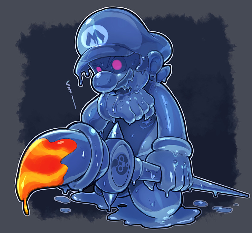 1boy blue_eyes blue_gloves blue_hair blue_hat blue_overalls blue_shirt dripping facial_hair giant_brush gloves glowing glowing_eyes hat holding holding_paintbrush hoshi_(star-name2000) mario_(series) mustache nintendo overalls paintbrush shadow_mario shirt solo super_mario_sunshine wet
