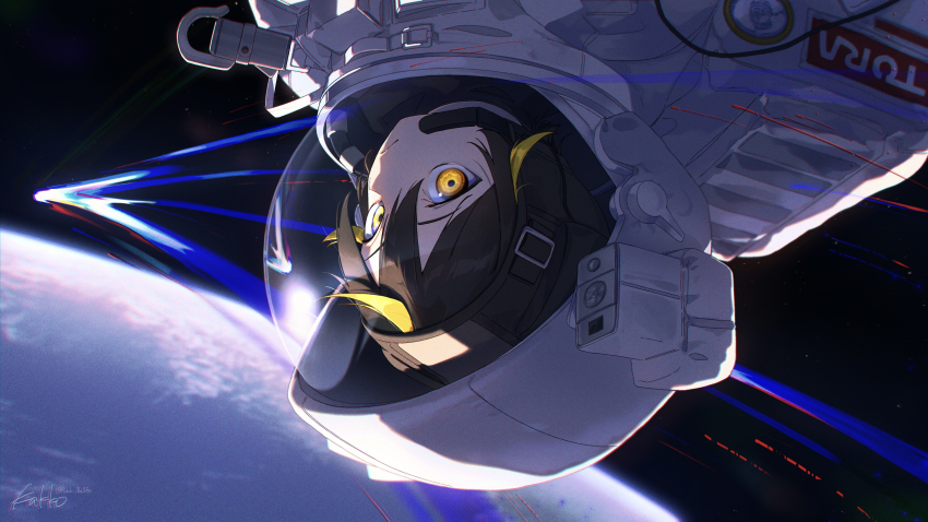 1girl absurdres artist_name astronaut blonde_streaks brown_hair closed_mouth comet commentary_request hair_between_eyes helmet highres kakko_(hibiki_bellfox) looking_at_viewer original planet sideways_glance signature solo space space_helmet spacesuit upside-down yellow_eyes