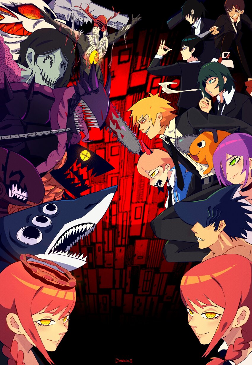 3boys 5girls absurdres beam_(chainsaw_man) black_hair black_necktie black_suit blonde_hair blood_devil_(chainsaw_man) blue_eyes bomb_devil_(chainsaw_man) chainsaw_devil chainsaw_man cigarette collared_shirt commentary denji_(chainsaw_man) english_commentary eyepatch formal_clothes fox_devil_(chainsaw_man) fox_shadow_puppet future_devil_(chainsaw_man) ghost_devil_(chainsaw_man) green_eyes grin gun gun_devil_(chainsaw_man) halo hayakawa_aki higashiyama_kobeni highres himeno_(chainsaw_man) holding holding_cigarette holding_knife jiansketch knife long_hair long_sleeves makima_(chainsaw_man) multiple_boys multiple_girls multiple_persona necktie parody persona persona_3 pink_hair pochita_(chainsaw_man) ponytail power_(chainsaw_man) purple_hair red_eyes red_hair reze_(chainsaw_man) ringed_eyes shark shark_devil_(chainsaw_man) shirt smile suit weapon white_shirt yellow_eyes