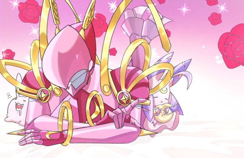 armor closed_eyes digimon digimon_(creature) flower gradient_background helmet highres hokanko0 lordknightmon lunamon lying on_stomach pink_armor pink_background pink_helmet red_flower red_rose rose saliva simple_background sleeping solo_focus sparkle tokomon