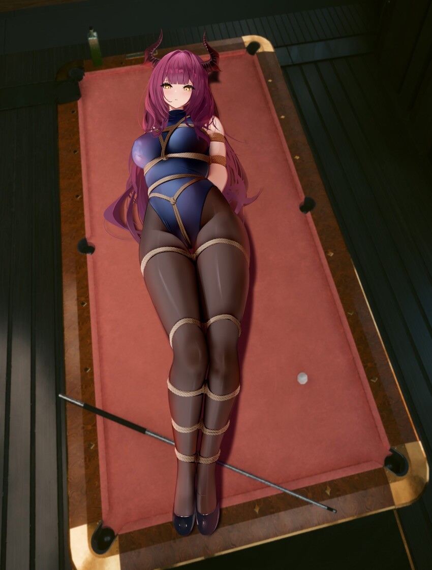 1girl absurdres alternate_costume arms_behind_back awaji azur_lane ball bdsm billiard_ball black_shoes blue_leotard bondage bound bound_arms bound_legs breasts brown_pantyhose crotch_rope cue_stick demon_horns devonshire_(azur_lane) highres horns indoors large_breasts leotard long_hair looking_at_viewer lying on_back on_table pantyhose playboy_bunny pool_table purple_hair restrained shibari shibari_over_clothes shoes solo table very_long_hair yellow_eyes