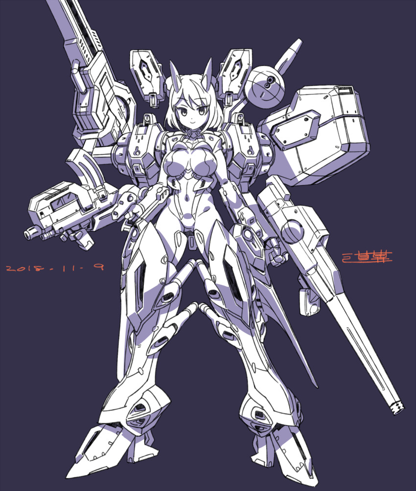 1girl breasts covered_erect_nipples dated dendrobium_schema dual_wielding grey_background grey_eyes gun gundam gundam_0083 highres holding holding_gun holding_weapon large_breasts looking_at_viewer mecha_musume medium_hair michi_kuso personification signature solo weapon white_hair