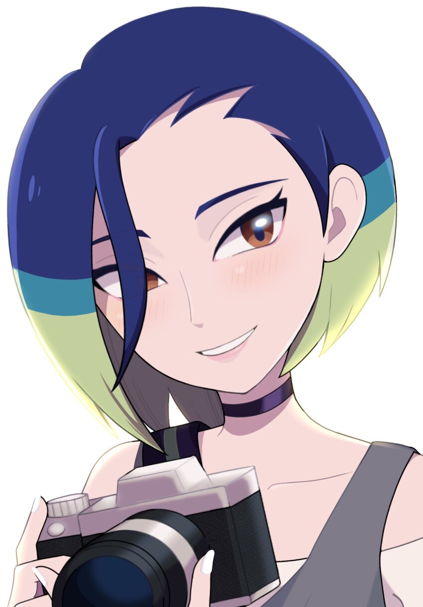 1girl black_choker blue_hair brown_eyes camera choker collarbone commentary_request eyelashes grey_vest grin happy highres holding holding_camera loose_hair_strand nakikot_t nintendo off-shoulder_shirt off_shoulder perrin_(pokemon) pokemon pokemon_sv shirt simple_background smile solo teeth upper_body vest white_background white_shirt