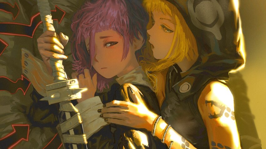 1girl 1other absurdres arm_tattoo black_dress black_hood black_nails blonde_hair bracelet closed_mouth crona_(soul_eater) dress front_ponytail frown girl_on_top hair_between_eyes half-closed_eyes hashtag-only_commentary highres holding holding_sword holding_weapon hood hood_up jewelry looking_at_another medusa_gorgon mother_and_child nail_polish open_mouth pink_hair ragnarok_(demon_sword) short_hair sleeve_cuffs sleeveless snake_tattoo soul_eater sword tattoo upper_body vitagazer weapon white_sleeve_cuffs yellow_eyes
