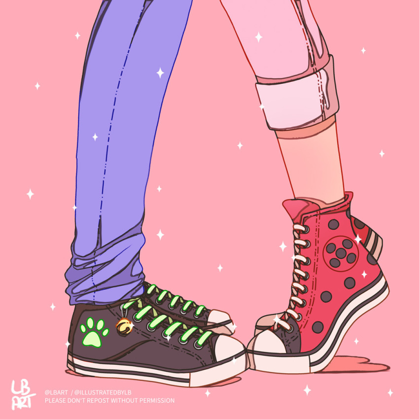 1boy 1girl 97pieces adrien_agreste bell blue_pants commentary denim jeans jingle_bell leg_focus lower_body marinette_dupain-cheng miraculous_ladybug pants pants_rolled_up paw_print pink_pants signature sparkle tiptoes vans watermark