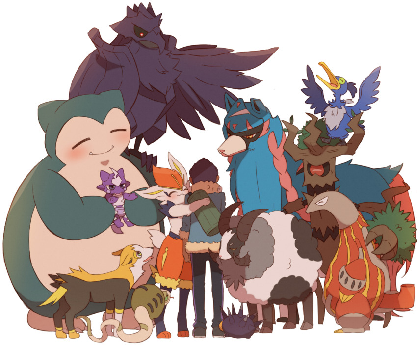 1boy aqua_jacket arms_at_sides bad_id bad_pixiv_id black_pants boltund cinderace comforting commentary_request corviknight cramorant dark-skinned_male dark_skin dubwool fur-trimmed_jacket fur_trim gen_1_pokemon gen_5_pokemon gen_6_pokemon gen_8_pokemon heatmor hop_(pokemon) hug jacket legendary_pokemon nintendo pants pincurchin pokemon pokemon_(creature) pokemon_swsh shoes silicobra snorlax standing trevenant white_background yoshino_(gunform) zacian