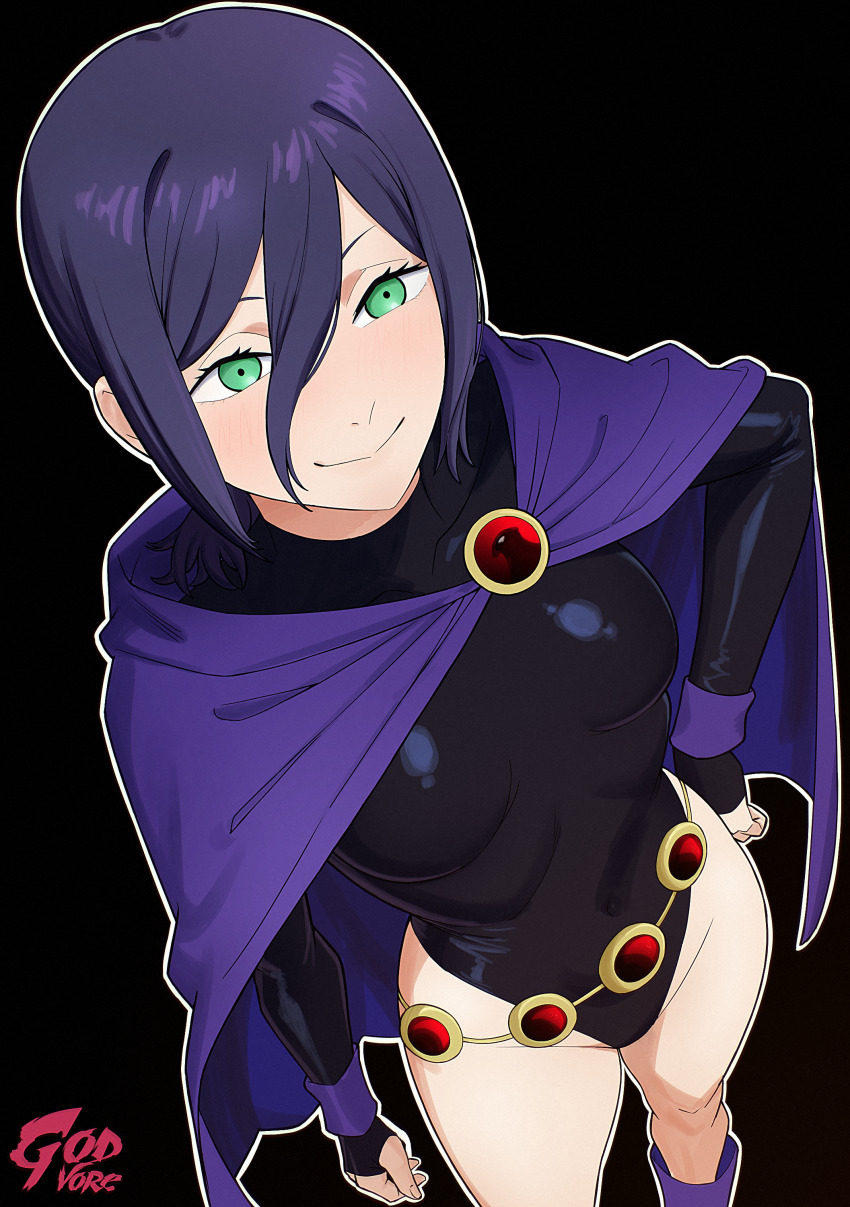 1girl absurdres artist_name belt black_background black_leotard breasts chainsaw_man cloak closed_mouth cosplay dc_comics godvore green_eyes hair_between_eyes hand_on_own_hip highleg highleg_leotard highres leotard purple_cloak purple_hair raven_(dc) raven_(dc)_(cosplay) reze_(chainsaw_man) small_breasts smile solo teen_titans