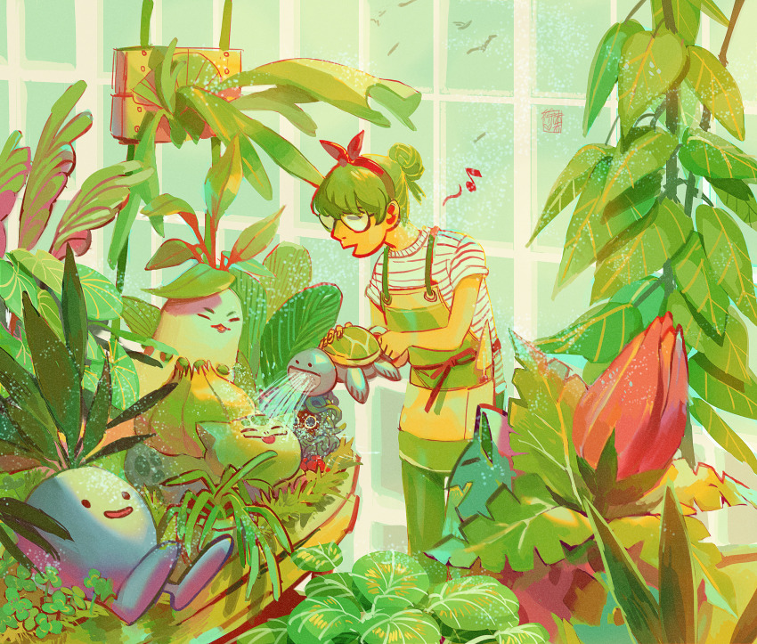 1girl apron bulbasaur chikorita closed_eyes commentary english_commentary game_freak gardening gen_1_pokemon gen_2_pokemon grey_hair hair_bun highres ivysaur musical_note nintendo oddish open_mouth pants pokemon pokemon_(creature) red_ribbon ribbon shirt signature squirtle striped_clothes striped_shirt tangela tile_wall tiles tongue tongue_out watering weiwei_(peevishpants)
