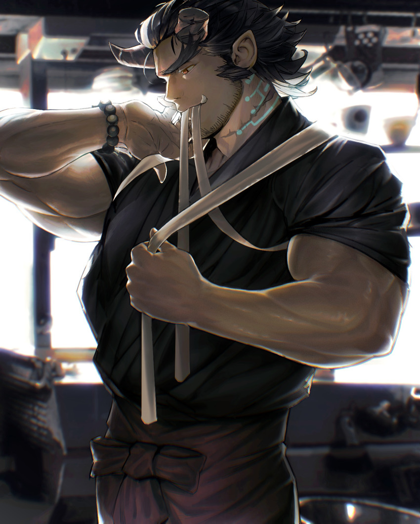 1boy alternate_costume backlighting bara bead_bracelet beads beard biceps blue_hair blue_kimono bracelet broken_horn cowboy_shot dark_blue_hair demon_boy demon_horns facial_hair fang fiery_horns forked_eyebrows from_side highres horns isuke japanese_clothes jewelry kimono long_sideburns male_focus mature_male muscular muscular_male revision scar scar_on_neck short_hair short_kimono sideburns sleeves_rolled_up smile solo stubble takemaru_(housamo) thick_eyebrows tokyo_houkago_summoners
