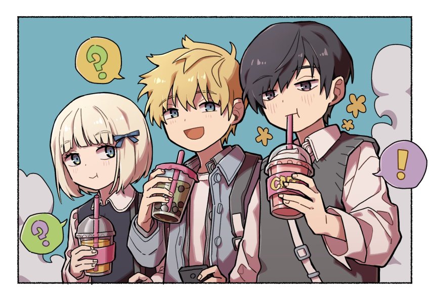 ! 1girl 2boys :d :t ? bad_id bad_twitter_id black_hair blonde_hair blue_bow blue_eyes blue_jacket blue_sky blunt_bangs bob_cut border bow bubble_tea casual chewing cloud collared_shirt cup disposable_cup dress_shirt drink drinking drinking_straw drinking_straw_in_mouth flower grey_jacket hair_bow hand_up highres hiyami_aki holding holding_cup holding_drink holding_phone holding_strap inukai_sumiharu jacket jitome juice lineup long_sleeves looking_at_viewer multiple_boys nana_0253 open_mouth phone shirt short_hair side-by-side sideways_glance sky smile spoken_exclamation_mark spoken_question_mark sweater_vest swept_bangs t-shirt tsuji_shinnosuke unbuttoned undershirt upper_body white_hair white_shirt world_trigger