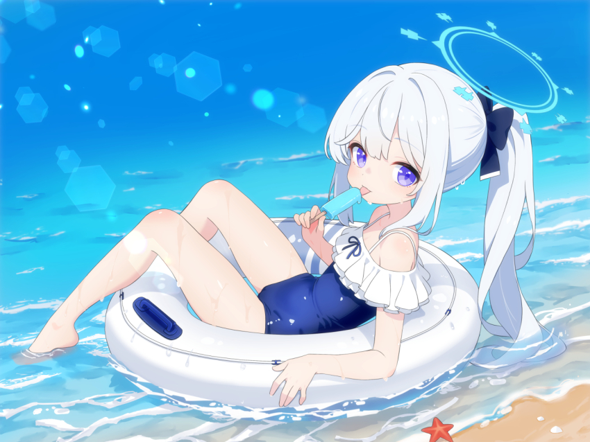 1girl bare_legs barefoot beach blue_archive casual_one-piece_swimsuit commentary_request food frilled_one-piece_swimsuit frills grey_hair halo holding holding_food holding_popsicle licking long_hair looking_at_viewer melting_popsicle miyako_(blue_archive) miyako_(swimsuit)_(blue_archive) mutsuse official_alternate_costume on_innertube one-piece_swimsuit ponytail popsicle purple_eyes solo starfish swimsuit tongue tongue_out