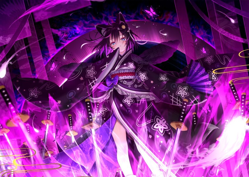1girl animal_ear_fluff animal_ears black_hair black_kimono blue_eyes bug butterfly feet_out_of_frame folding_fan fox_ears fox_girl fox_tail hand_fan hitodama holding holding_fan insect japanese_clothes katana kimono long_hair long_sleeves multiple_swords original sash short_hair sword tail weapon wide_sleeves yano_mitsuki_(nanairo)
