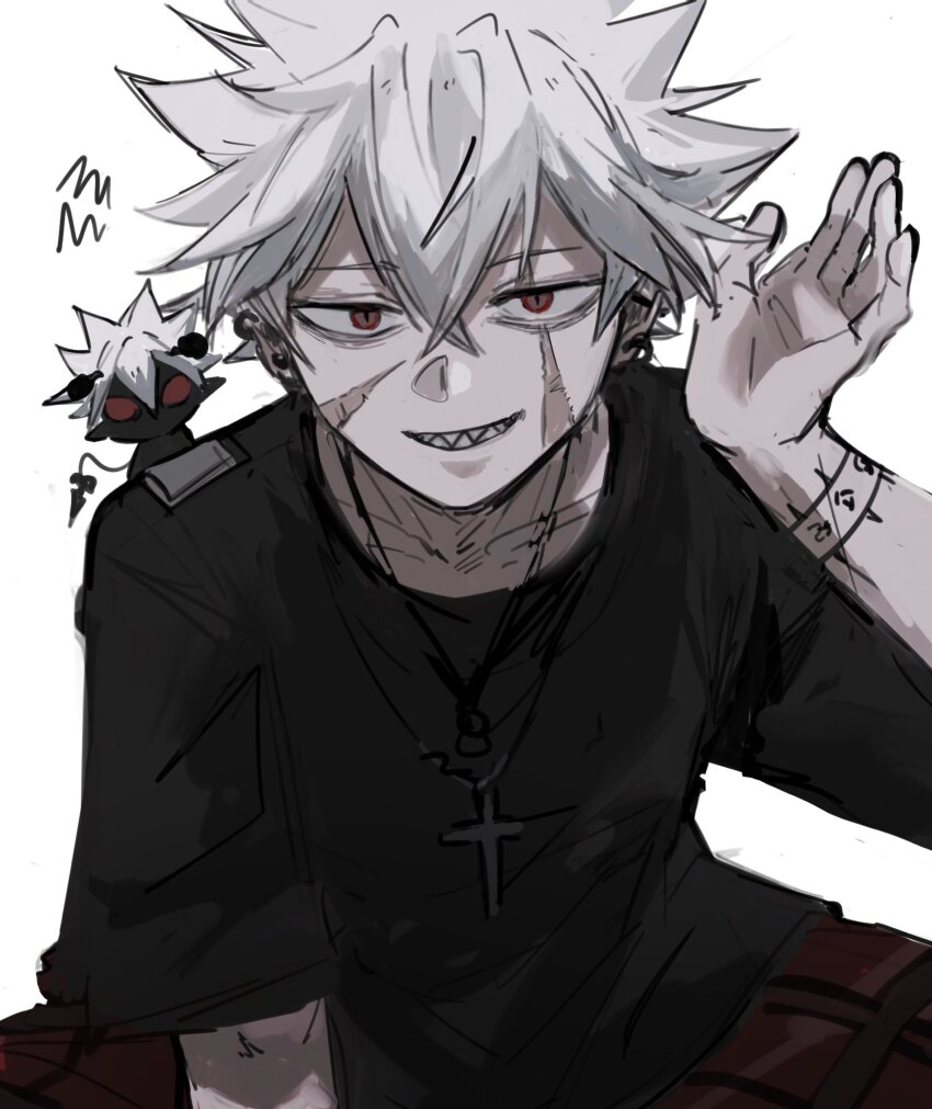 2boys alternate_species barbell_piercing black_clover black_shirt creature creature_on_shoulder cross cross_necklace demon_boy dual_persona ear_piercing familiar grin hair_between_eyes hand_up highres immortalmonkey industrial_piercing jewelry liebe_(black_clover) male_focus mini_person miniboy multiple_boys multiple_scars necklace on_shoulder pale_skin pants piercing red_eyes red_pants scar scar_on_face sharp_teeth shirt short_hair short_sleeves slit_pupils smile spiked_hair teeth white_background white_hair