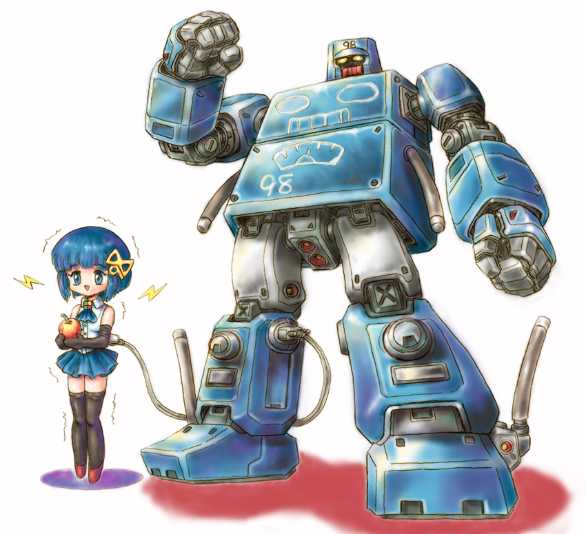 1girl 98-tan :d apple ascot bare_shoulders black_gloves black_thighhighs blue_ascot blue_eyes blue_hair blue_skirt buttons cable charging_device collared_shirt commentary_request dress_shirt elbow_gloves food fruit full_body gloves hair_ornament highres holding holding_food holding_fruit kureyon lightning_bolt_symbol mecha miniskirt no_nose number_hair_ornament open_mouth os-tan pleated_skirt red_shoes robot shirt shoes short_hair simple_background skirt sleeveless sleeveless_shirt smile solo standing thighhighs trembling white_background white_shirt windows_logo zettai_ryouiki