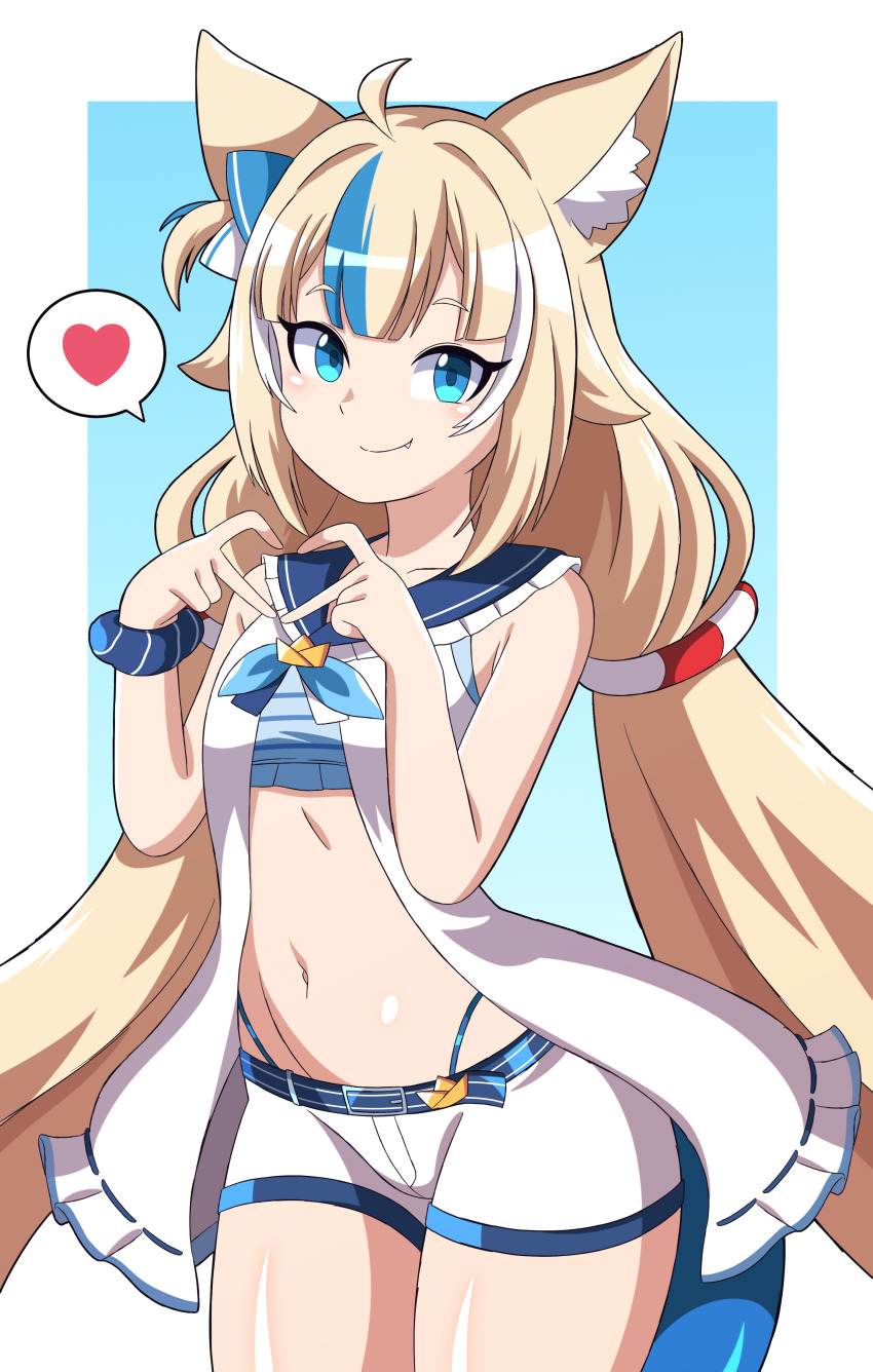 1girl absurdres abysswatchers ahoge animal_ears belt bikini bikini_under_clothes blonde_hair blue_background blue_belt blue_bikini blue_bow blue_eyes blue_hair blue_ribbon blush bow bra cat_ears cat_girl collarbone dress fang fins fish_girl fish_tail flat_chest gradient_background hair_bow hair_ornament heart heart_hands highres indie_virtual_youtuber long_hair looking_at_viewer low_twintails multicolored_hair navel neck_ribbon open_clothes open_dress ribbon sameko_saba shorts side_ponytail sleeveless sleeveless_dress smile speech_bubble spoken_heart standing streaked_hair striped_belt striped_bikini striped_clothes swimsuit tail twintails underwear virtual_youtuber white_dress white_hair white_shorts