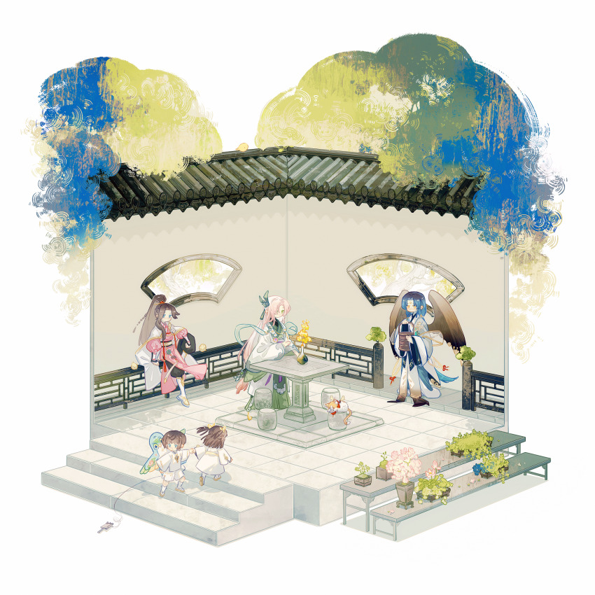 1girl 4boys age_difference aged_down architecture bag black_hair black_pants blue_eyes blue_hair blue_sash bonsai boots braid brown_hair brown_wings butterfly_hair_ornament camellia cape cat child chinese_clothes closed_mouth coat curtained_hair daxiushan diorama dress east_asian_architecture facial_mark feathered_wings female_master_(the_tale_of_food) flower flower_ornament forehead_mark full_body gradient_hair green_eyes green_hanfu green_robe green_shawl grey_robe hair_ornament hanfu highres holding holding_bag holding_hands holding_kite holding_vase kite knee_up leaf_hair_ornament long_hair long_sleeves longjing_shrimp_(the_tale_of_food) looking_at_another looking_at_object looking_back looking_to_the_side lu_wu_(the_tale_of_food) male_master_(the_tale_of_food) multicolored_hair multiple_boys on_railing open_clothes open_coat outdoors pants parted_bangs peach_petal_congee_(the_tale_of_food) pink_flower pink_hair pink_robe ponytail railing robe sash see-through_clothes see-through_shawl shawl shelf shirt shoes short_hair shorts shuling side_braid simple_background single_sidelock sitting stairs standing swallow_bun_(the_tale_of_food) table tassel tassel_hair_ornament the_tale_of_food tile_floor tiles two_side_up vase very_long_hair walking white_background white_boots white_cape white_coat white_dress white_flower white_hair white_robe white_shawl white_shirt white_shoes white_shorts wide_sleeves wings yellow_eyes yellow_flower zhijupao
