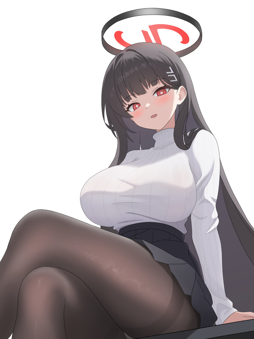 1girl absurdres black_hair black_halo black_pantyhose black_skirt blue_archive blush breasts bright_pupils commentary crossed_legs feet_out_of_frame from_below hair_behind_ear hair_flowing_over hair_intakes hair_ornament halo head_tilt highres large_breasts long_hair long_sleeves looking_at_viewer looking_down looking_to_the_side miniskirt no_jacket ogossi open_mouth panties pantyhose pantyshot pleated_skirt red_eyes ribbed_sweater ringed_eyes rio_(blue_archive) simple_background sitting skirt smile solo sweater taut_clothes taut_sweater thick_eyelashes thighband_pantyhose turtleneck turtleneck_sweater underwear very_long_hair white_background white_pupils white_sweater