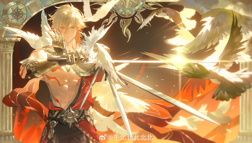 1boy abs absurdres armlet armor bare_pectorals bird black_coat black_pants blonde_hair braid cape chest_tattoo chinese_commentary clawed_gauntlets coat commentary_request earrings facial_tattoo gold_armlet gold_earrings gold_necklace gradient_hair hair_between_eyes highres holding holding_sword holding_weapon honkai:_star_rail honkai_(series) jewelry male_focus medium_hair multicolored_hair mydei_(honkai:_star_rail) necklace open_clothes open_coat pants pauldrons pectorals qian_beibeibeibeibei red_cape red_hair red_tattoo shoulder_armor side_braid single_pauldron solo sword tattoo toned toned_male watermark weapon weibo_watermark yellow_eyes