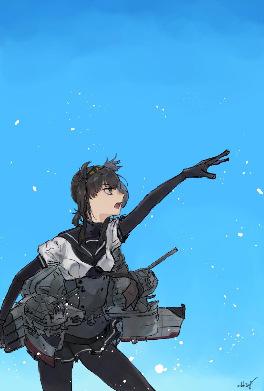 1girl arm_up black_bodysuit black_gloves black_hair black_neckerchief black_ribbon black_sailor_collar black_skirt bodysuit breasts chou-10cm-hou-chan chou-10cm-hou-chan_(hatsuzuki&#039;s) chou-10cm-hou-chan_(suzutsuki&#039;s) clothes_writing commentary_request corset cowboy_shot day female_focus gloves hachimaki hair_flaps hatsuzuki_(kancolle) headband highres kantai_collection looking_to_the_side machinery miniskirt neckerchief oohira_hachi open_mouth outdoors pantyhose pleated_skirt ponytail puffy_short_sleeves puffy_sleeves reaching reaching_towards_viewer ribbon rigging sailor_collar ship_turret short_hair short_ponytail short_sleeves signature skirt solo teeth torpedo torpedo_tubes weapon