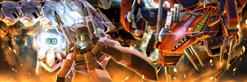 berserk_fuhrer building cityscape claws embers fire genobreaker glowing glowing_eye gojulas gomi_kushige gun highres long_image mecha no_humans robot smoke tail weapon wide_image zoids