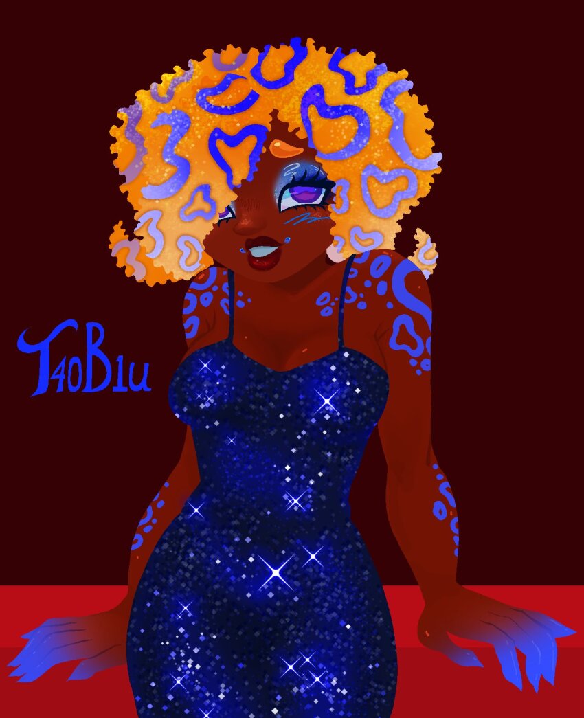 1girl alternate_costume breasts character_name cowboy_shot dark-skinned_female dark_skin dress eyeshadow hair_over_one_eye highres looking_at_viewer makeup medium_breasts n0quarters nintendo orange_hair parted_lips patterned_hair sleeveless sleeveless_dress solo sparkle splatoon_(series) splatoon_3 tao_blu