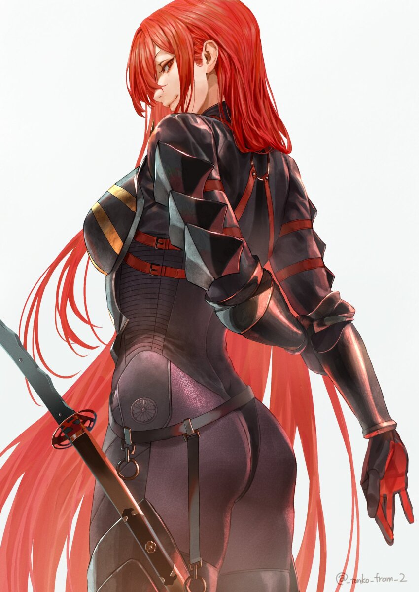 1girl ass back black_bodysuit bodysuit breasts fate/grand_order fate_(series) hair_over_one_eye highres katana large_breasts long_hair long_sleeves looking_at_viewer looking_back oda_nobunaga_(fate) oda_nobunaga_(maou_avenger)_(fate) red_eyes red_hair smile solo sword thighs tonko_from weapon
