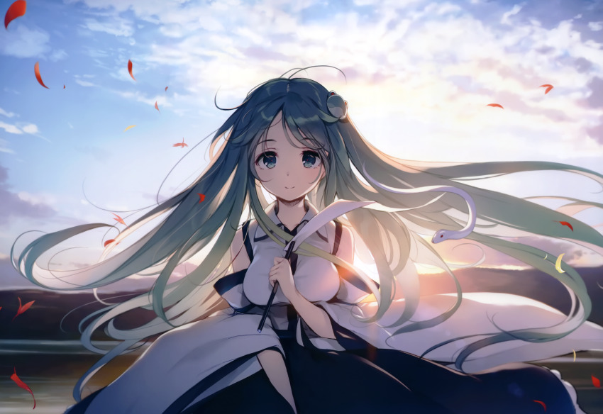 1girl absurdres bare_shoulders blue_eyes blue_skirt blue_sky breasts cloud cowboy_shot day detached_sleeves female_focus frog_hair_ornament green_hair hair_ornament highres holding huge_filesize ke-ta kochiya_sanae long_hair long_sleeves looking_at_viewer medium_breasts outdoors petals petticoat rose_petals scan shirt skirt sky smile snake_hair_ornament solo standing touhou white_shirt wide_sleeves