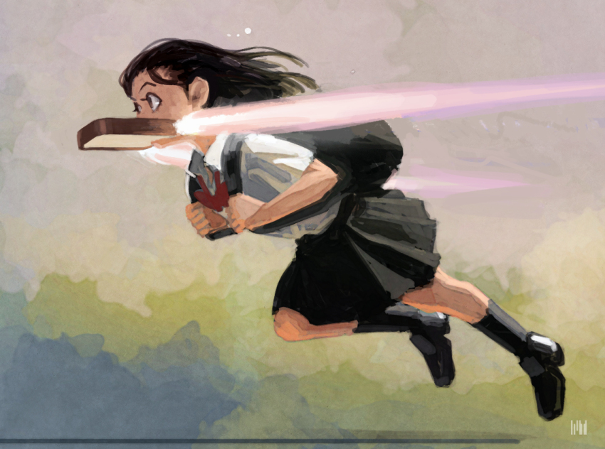 1girl artist_logo backpack bag black_bag black_hair black_shoes black_skirt black_socks bow bowtie bread bread_slice brown_eyes commentary_request floating flying fmu food food_in_mouth full_body green_background holding_strap late_for_school loafers logo long_hair looking_ahead looking_away loose_bowtie midair mouth_hold original pleated_skirt red_bow red_bowtie school_uniform shirt shirt_tucked_in shoes short_sleeves skirt socks solo toast toast_in_mouth watermark white_shirt
