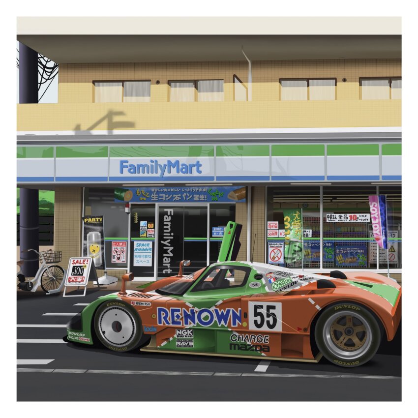 bicycle border brembo bush butterfly_doors cable car commentary convenience_store dunlop english_commentary familymart french_flag german_flag highres idemitsu_(gas_station) le_mans_prototype mazda mazda_787b motor_vehicle no_symbol outdoors race_vehicle racecar sei_illustrations shadow shop union_jack vehicle_focus white_border world_sportscar_championship