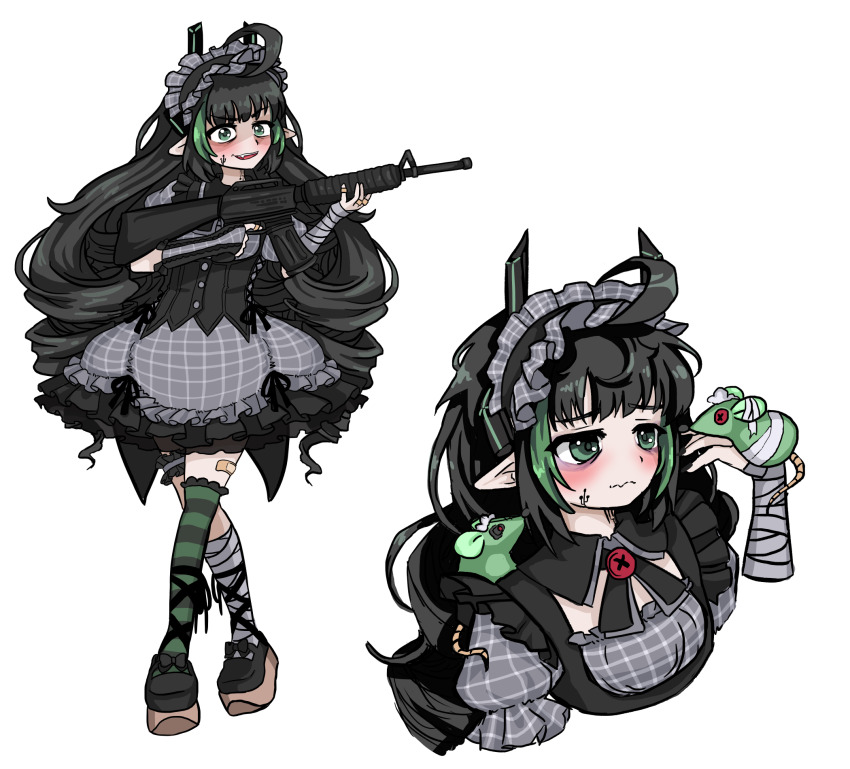 ahoge anon_non_(artist) bandaged_arm bandages bandaid bandaid_on_leg black_hair blush elf elfinpsyop holding_rifle horns indie_virtual_youtuber long_hair maid maid_headdress mechanical_horns pointy_ears transparent_background