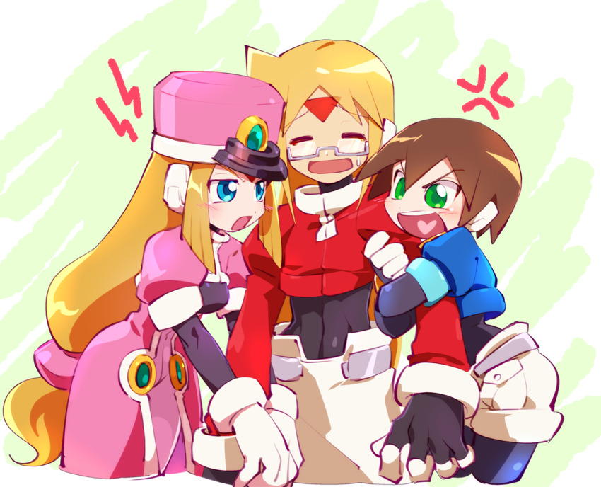 1boy 2girls aile_(mega_man_zx) black_bodysuit blonde_hair blue_eyes blue_jacket bodysuit bodysuit_under_clothes brown_hair closed_eyes coat covered_navel cropped_jacket facial_mark forehead_mark girouette_(mega_man) glass grabbing_another&#039;s_arm green_eyes hat heart heart_in_mouth jacket kon_(kin219) linea_alba long_hair long_sleeves mega_man_(series) mega_man_zx multiple_girls pants pink_coat prairie_(mega_man) red_jacket robot_ears semi-rimless_eyewear shako_cap short_hair short_sleeves shorts sweatdrop under-rim_eyewear white_pants white_shorts