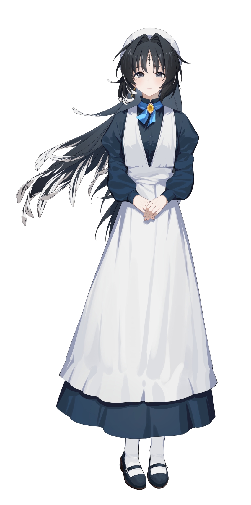 1girl absurdres alternate_costume apron black_dress black_eyes black_hair breasts chinese_commentary closed_mouth commentary_request dress earrings enmaided feather_hair full_body hair_intakes hat highres jewelry kohane_kun long_dress long_hair looking_at_viewer maid mole mole_under_eye multicolored_hair own_hands_together parted_bangs simple_background small_breasts smile solo streaked_hair tacet_mark_(wuthering_waves) white_apron white_background white_hat wind wuthering_waves yangyang_(wuthering_waves)