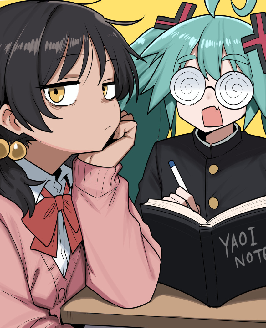 2girls absurdres aqua_eyes bow bowtie brown_hair cardigan coke-bottle_glasses confessions_of_a_rotten_girl_(vocaloid) cross_hair_ornament dandadan death_note_(object) fang flat_chest fujoshi gakuran geulimykun_(skbyunea413) glasses hair_ornament hatsune_miku highres kaai_yuki long_hair looking_at_viewer low_twintails multiple_girls open_mouth pink_cardigan red_bow red_bowtie school_uniform shirt short_twintails skin_fang twintails vocaloid white_shirt yellow_background yellow_eyes zako_(vocaloid)
