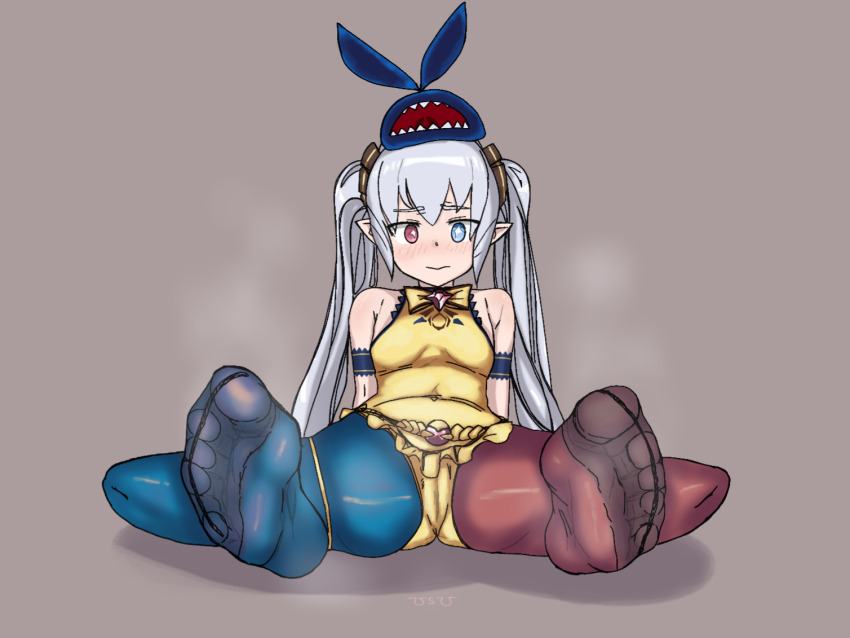 1girl blue_eyes blue_pantyhose blush brown_dust brown_dust_(series) cameltoe feet grey_hair heterochromia leotard long_hair looking_at_viewer pantyhose pointy_ears red_eyes red_pantyhose refithea_(brown_dust) soles steam toes twintails vchii_usagi