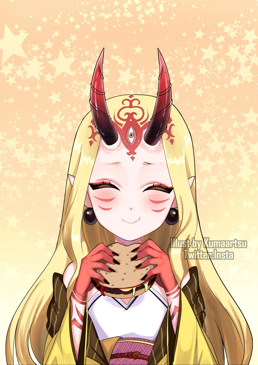 1girl :t ^_^ absurdres artist_name black_horns black_nails blonde_hair burger closed_eyes closed_mouth colored_skin eating eyeshadow facial_mark facing_viewer fate/grand_order fate_(series) fingernails flat_chest food gradient_background happy highres holding holding_food horns ibaraki_douji_(fate) instagram_username japanese_clothes kimono kumaartsu long_hair makeup nail_polish obi oni oni_horns orange_background pointy_ears red_eyeshadow red_horns red_skin sash sharp_fingernails smile solo star_(symbol) star_symbol_background tattoo third_eye twitter_username two-tone_background upper_body watermark whisker_markings wide_sleeves yellow_background yellow_kimono