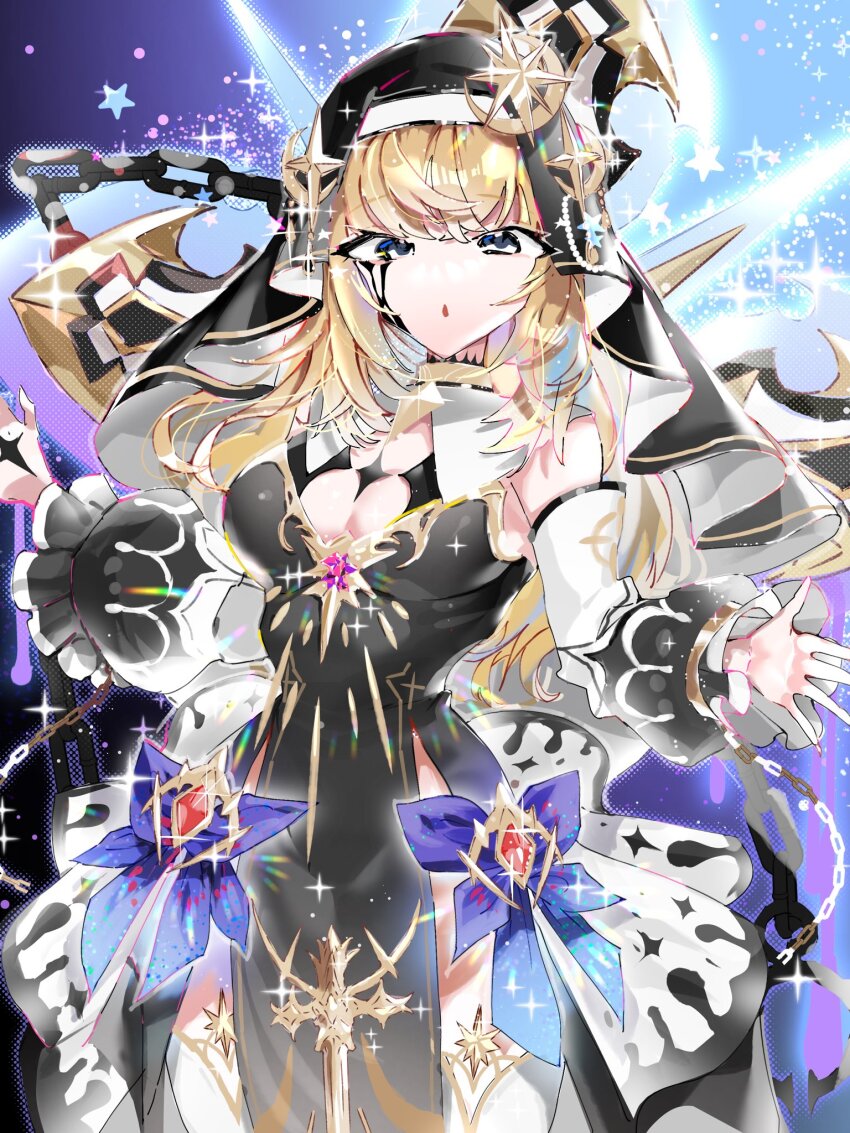 1girl black_dress black_tears black_veil blonde_hair breasts celestine_(letmebid) chain cleavage commission cowboy_shot crying crying_with_eyes_open detached_sleeves dress gem habit hand_tattoo hands_up highres long_hair long_sleeves looking_at_viewer medium_breasts neck_tattoo nun open_mouth original pelvic_curtain puffy_long_sleeves puffy_sleeves red_gemstone skeb_commission solo star_(symbol) tattoo tears tekona0 thighhighs veil weapon white_thighhighs