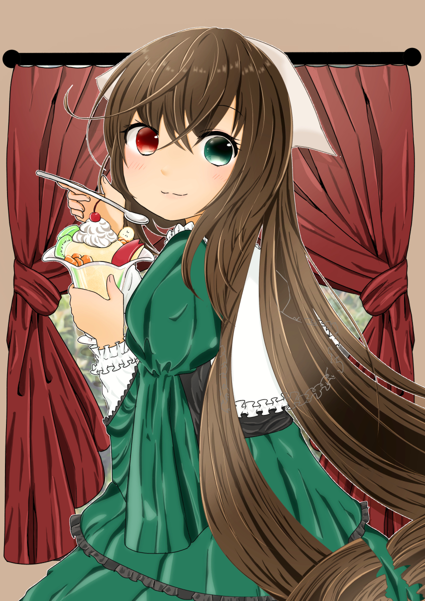 1girl :3 absurdres apple_rabbit blush brown_hair cherry classic_lolita closed_mouth collared_dress commentary_request cowboy_shot cup curtains dress drill_hair food food_art frilled_dress frilled_shirt_collar frills fruit green_dress green_eyes hair_between_eyes heterochromia highres holding holding_cup holding_spoon kiwi_(fruit) kiwi_slice lolita_fashion long_dress long_hair long_sleeves looking_at_viewer momokame parfait red_eyes rozen_maiden smile solo spoon suiseiseki twin_drills very_long_hair whipped_cream