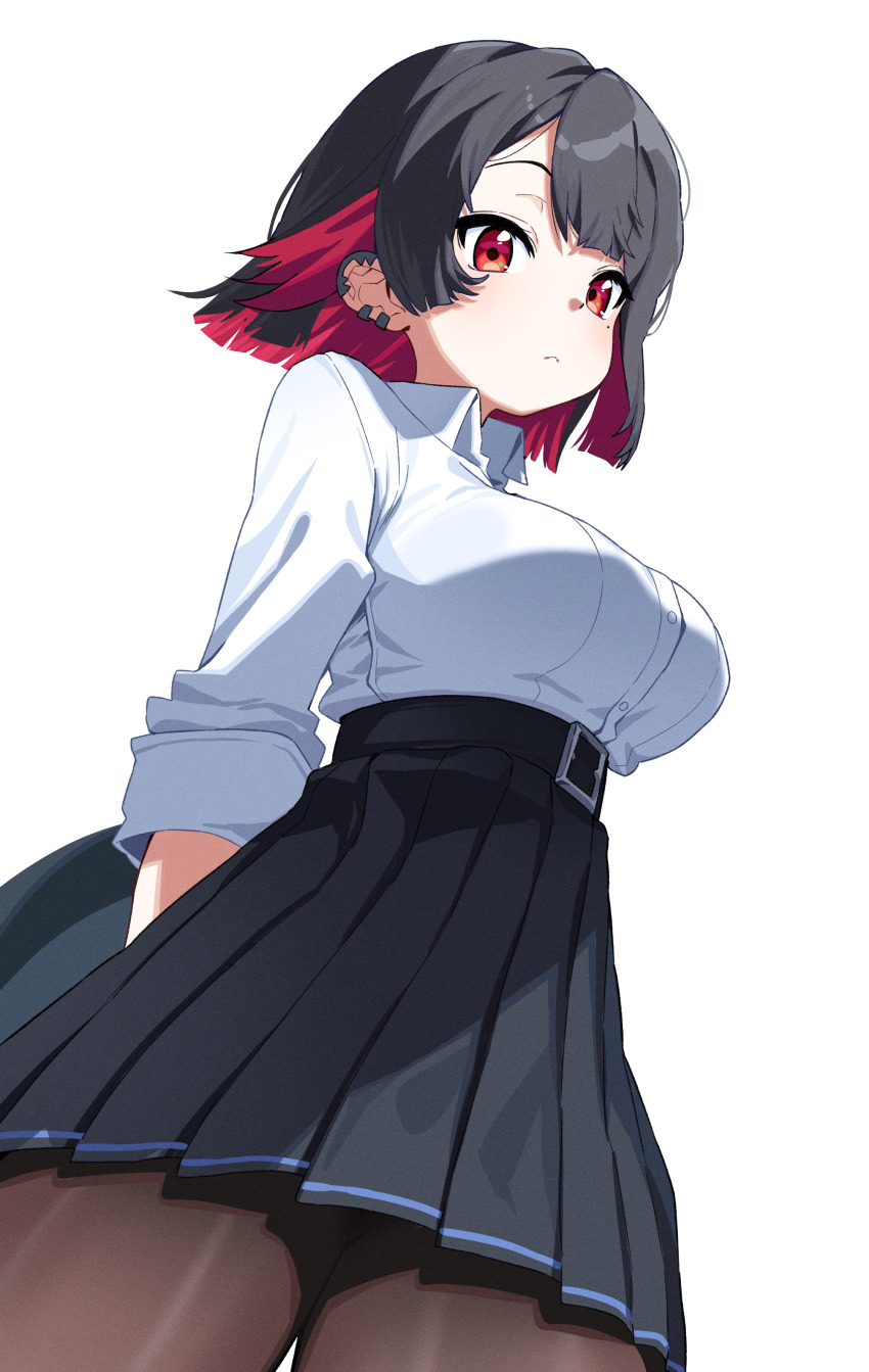 1girl absurdres black_skirt breasts brown_pantyhose closed_mouth ellen_joe ellen_joe_(on_campus) fins fish_tail highres large_breasts looking_at_viewer mole mole_under_eye multicolored_hair pantyhose pleated_skirt red_eyes shark_girl shark_tail shirt simple_background skirt solo tail tosyeo two-tone_hair white_background white_shirt zenless_zone_zero