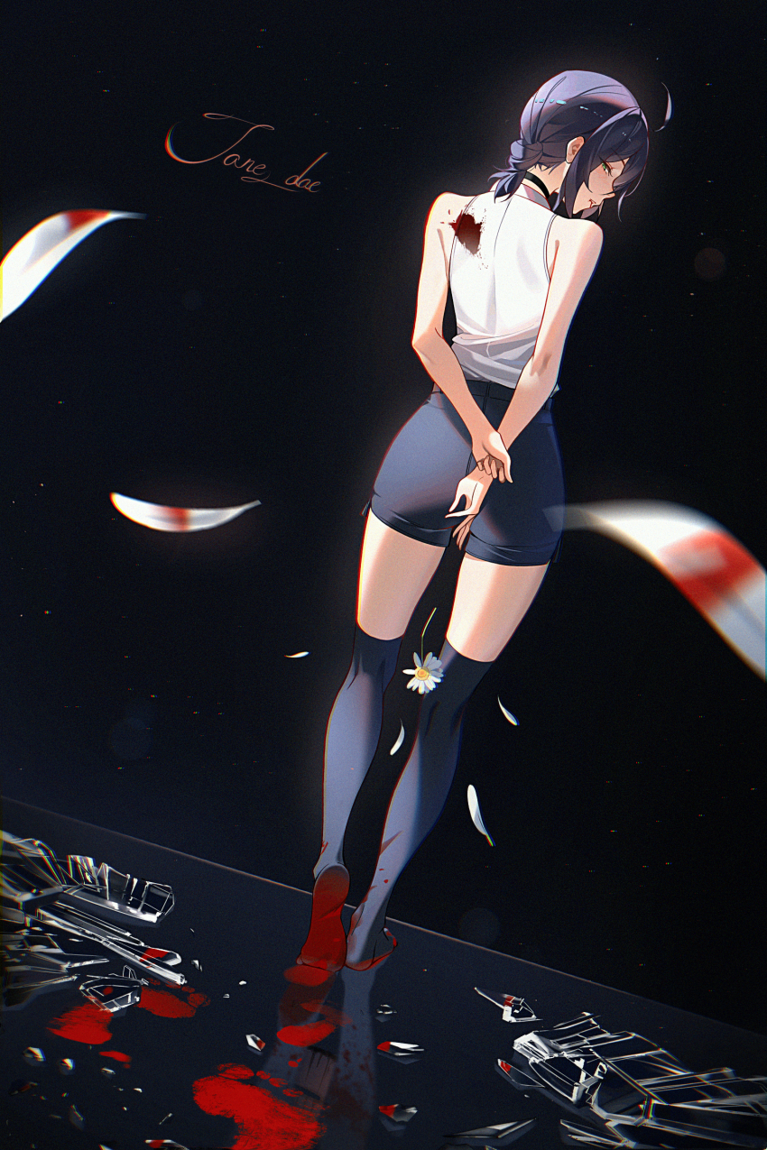 1girl absurdres bad_source bare_arms bare_shoulders black_shorts black_thighhighs blood blush chainsaw_man dong_(art_woodong) from_behind green_eyes hair_bun high-waist_shorts highres no_shoes parted_lips purple_hair reze_(chainsaw_man) shirt short_hair short_shorts shorts sidelocks sleeveless sleeveless_shirt smile solo thighhighs white_shirt