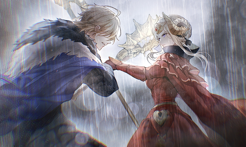 1boy 1girl axe battle_axe blonde_hair blue_cape cape clenched_teeth closed_mouth cloud cloudy_sky collared_cape couple dated_commentary dimitri_alexandre_blaiddyd dimitri_alexandre_blaiddyd_(timeskip) dress edelgard_von_hresvelg edelgard_von_hresvelg_(timeskip) fake_horns fire_emblem fire_emblem:_three_houses from_side fur-trimmed_cape fur_trim grey_background hair_over_eyes hair_up headpiece highres holding holding_axe holding_polearm holding_weapon horns light_particles nintendo outdoors polearm purple_eyes rain red_cape red_dress short_hair sky soma_otakuu standing teeth weapon white_hair