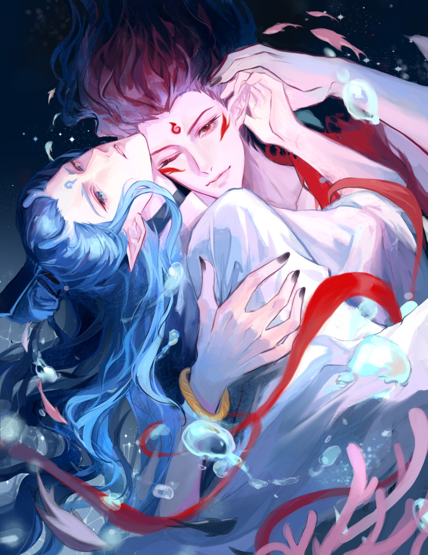 2boys absurdres air_bubble animal ao_bing_(nezha_zhi_motong_jiangshi) arm_up black_nails blue_eyes blue_hair brown_hair bubble chinese_commentary closed_mouth commentary_request coral dragon_boy dragon_horns eastern_dragon_horns eyelashes facial_mark fingernails fish floating_hair forehead_mark head_back highres horns male_focus multiple_boys nezha_(nezha_zhi_motong_jiangshi) nezha_zhi_motong_jiangshi one_eye_closed parted_lips pointy_ears red_eyes robe topknot underwater white_robe xinjinjumin3101241 yaoi
