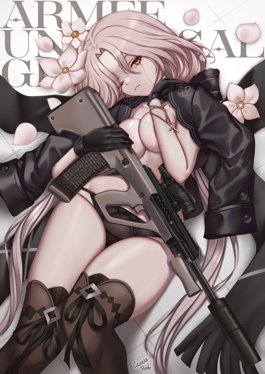 1girl absurdres assault_rifle aug_(girls&#039;_frontline) black_gloves black_jacket black_panties boots breasts brown_boots bullpup caiman_pool cleavage colored_tears commentary english_commentary flower girls&#039;_frontline gloves gun highres holding holding_gun holding_weapon jacket jacket_on_shoulders long_hair looking_at_viewer lying medium_breasts mole mole_under_eye on_back on_floor one_eye_closed panties parted_lips petals rifle scope solo steyr_aug thigh_boots tile_floor tiles underwear weapon white_flower