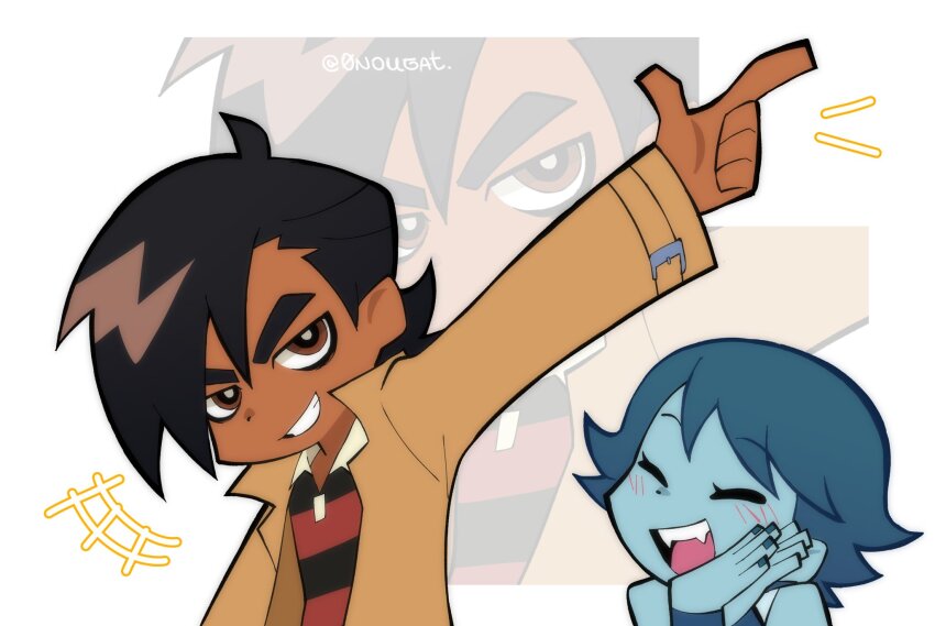 0nougat 1boy 1girl ahoge bags_under_eyes black_hair blue_hair blue_skin blush brown_coat brown_eyes closed_eyes coat colored_skin commentary dark-skinned_male dark_skin demon_hipster_chicks english_commentary grin highres long_sleeves matthew_patel panty_&amp;_stocking_with_garterbelt parody pointing scott_pilgrim_(series) shirt short_hair smile striped_clothes striped_shirt style_parody zoom_layer